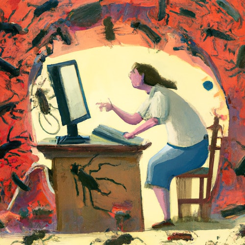 Decorative image of someone testing a computer with bugs crawling around it
